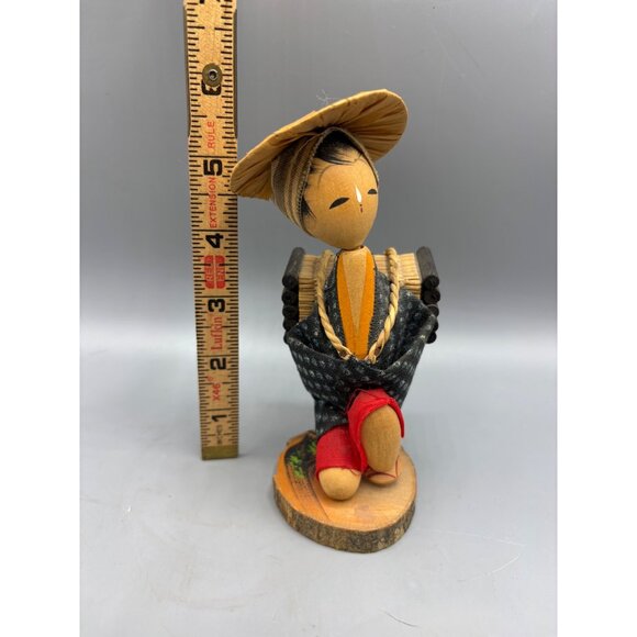 Vtg‎ Handcrafted Japanese Kokeshi Doll Wood Carrying Straw on Back Farm Girl - Picture 6 of 6